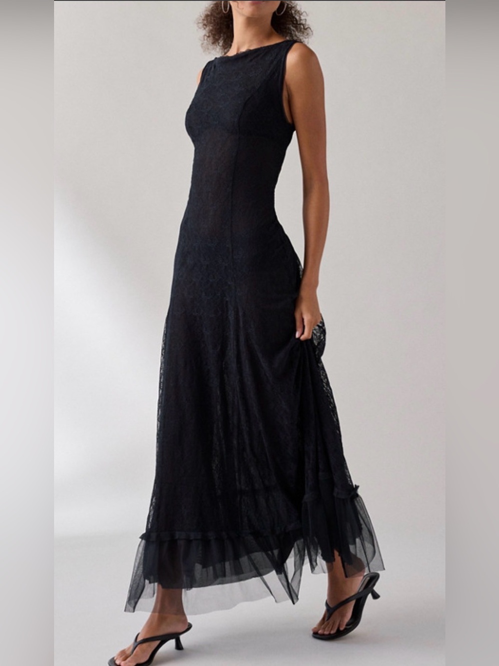 Urban Outfitters Like a Dream Black Lace Maxi Dress with Tulle Raw Hem S18